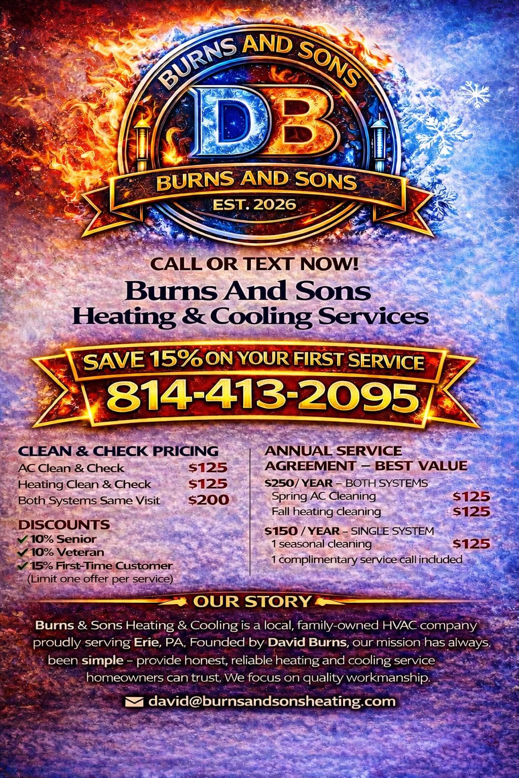 Burns and Sons promotional flyer — pricing, discounts, and service agreements